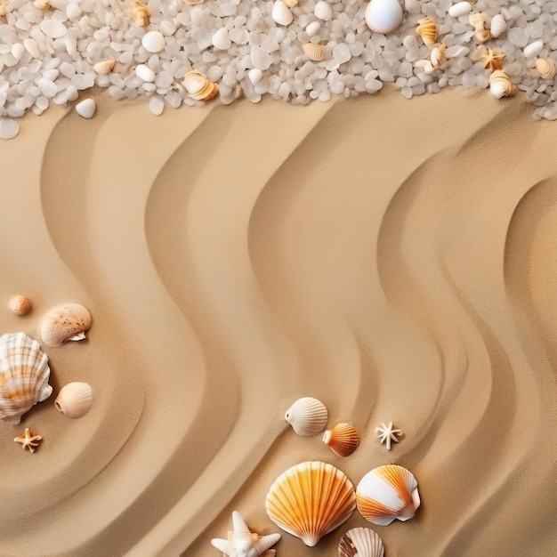 A beach scene with shells and sand on the bottom.