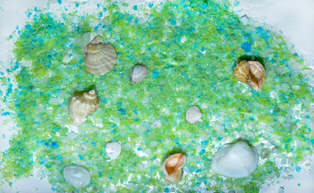 Foto una scena di spiaggia con conchiglie e sabbia con sopra blu e verde.