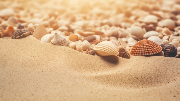 A beach scene with shells on the sand