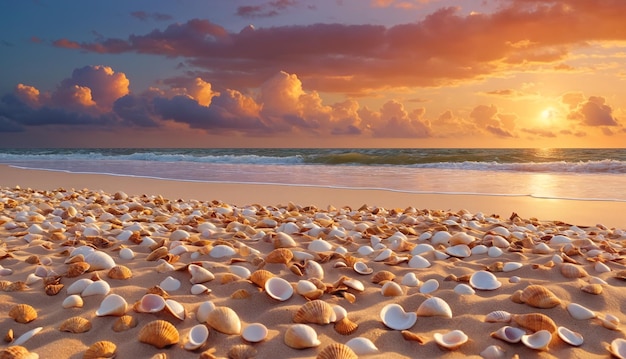 A beach scene with shells scattered all over the sand There are numerous shells of various sizes and shapes covering a significant portion of the beach