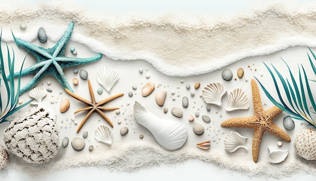 A beach scene with shells and starfish on the beach.