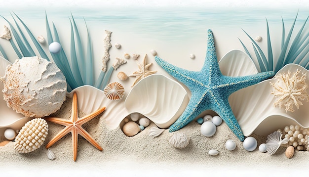 A beach scene with shells and starfish on the sand.