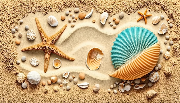 A beach scene with shells and starfish on the sand