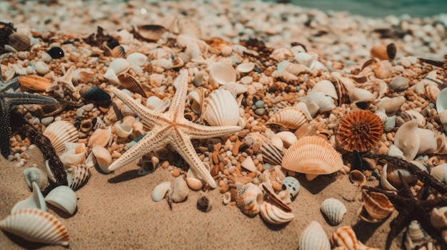 모래 위에 조개와 불가사리가 있는 해변 장면