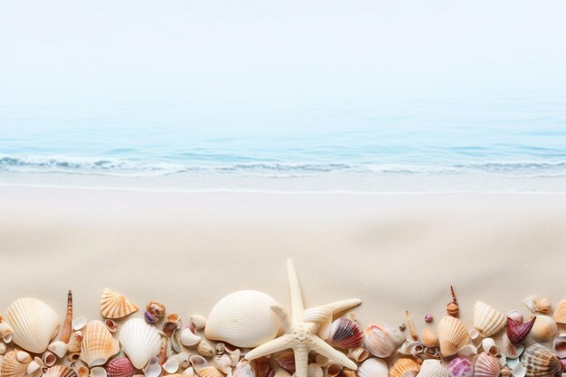 a beach scene with shells and a starfish on the sand.