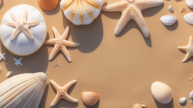 A beach scene with shells and starfish