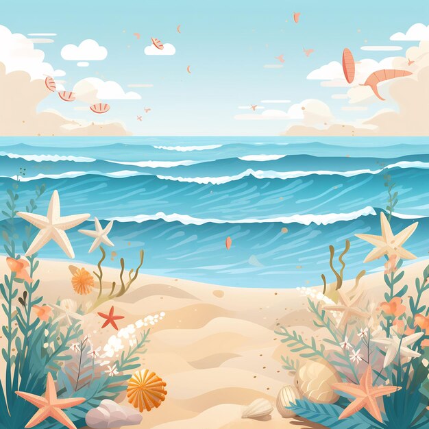 a beach scene with starfish and the ocean