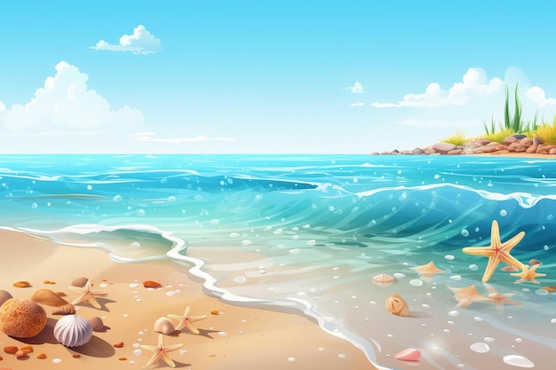 A beach scene with starfish and seashells generative AI