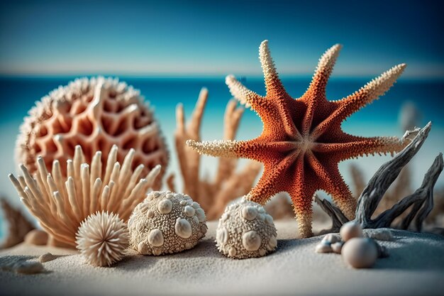 A beach scene with starfish and seashells on the sand.