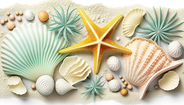 A beach scene with a starfish and shells.