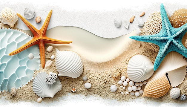 A beach scene with a starfish and shells.