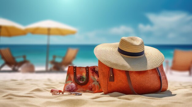 Foto una scena sulla spiaggia con un cappello di paglia d illustrazione generativa ai