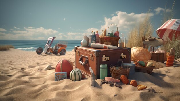 Foto una scena da spiaggia con una valigia e un cartello che dice 