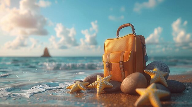 a beach scene with a suitcase and starfish on the beach