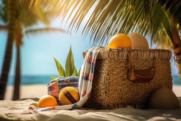 Photo beach scene with summer accessories arranged