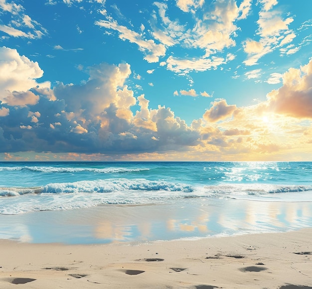 雲と海の後ろに太陽が沈むビーチシーン