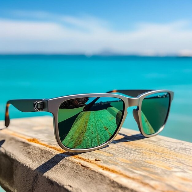 Photo beach scene with sunglasses