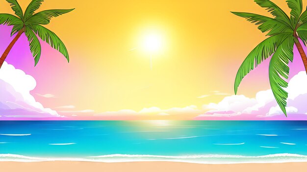 A beach scene with a sunset and palm trees