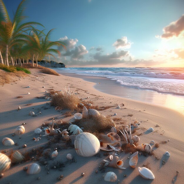 A beach scene with a sunset and shells on the sand.