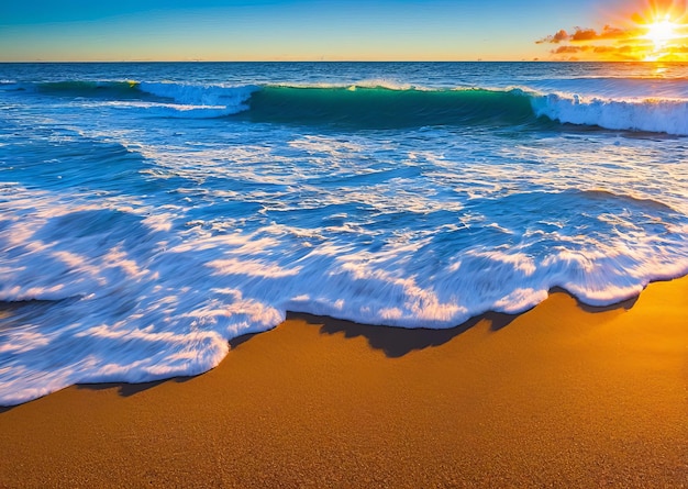 A beach scene with a sunset and waves