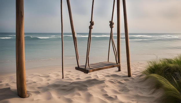 a beach scene with a swing on the sand and the ocean in the background