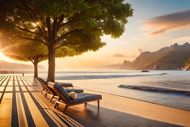 A beach scene with a tree and a lounge chair on the beach.