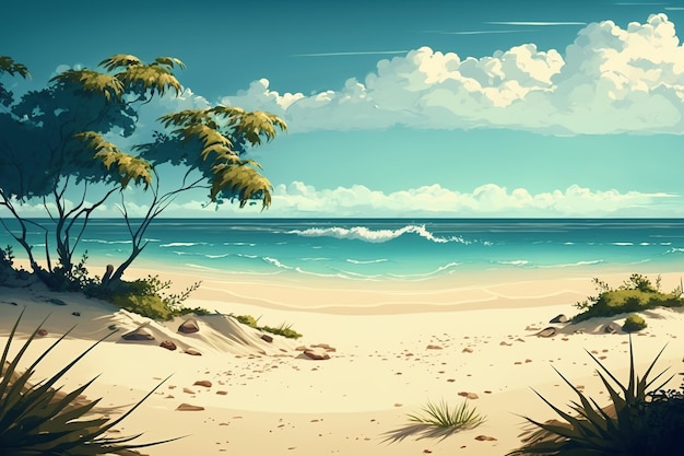 A beach scene with a tree on the sand.