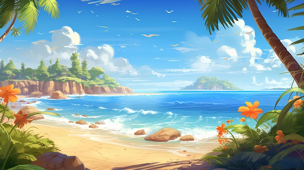 A beach scene with a tropical island and tropical plants