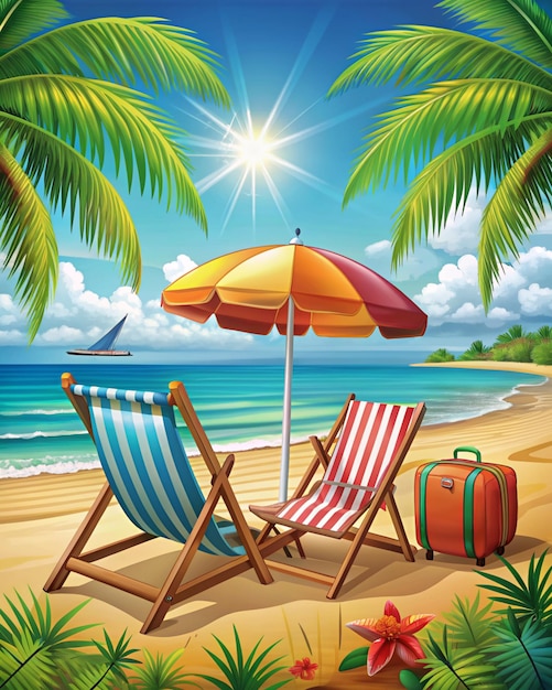 beach scene with two beach chairs and an umbrella Summer vacation beach background