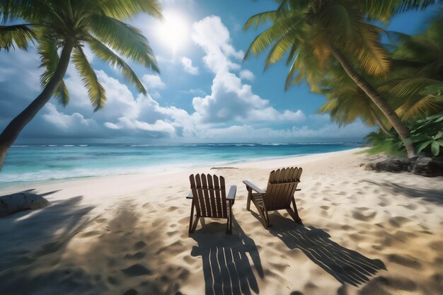 A beach scene with two chairs and palm trees on the beach.