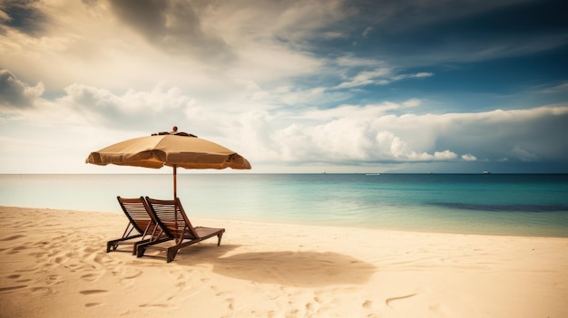 A beach scene with two lounge chairs and an umbrella on a tropical beach.