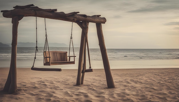a beach scene with two wooden swings and a beach chair