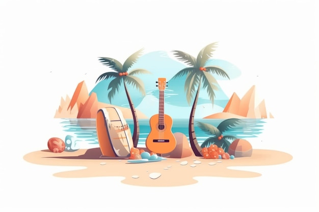 A beach scene with a ukulele and palm trees.