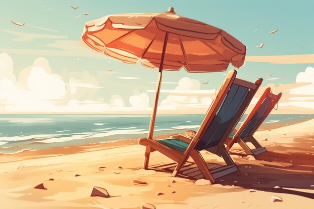 A beach scene with an umbrella and a beach umbrella.
