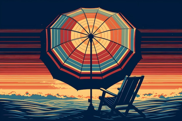 A beach scene with an umbrella and a chair on the beach.