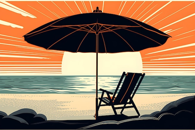 A beach scene with an umbrella and a chair on the beach.