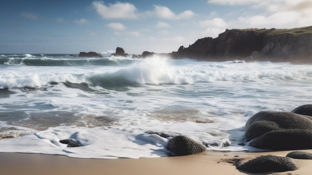 A beach scene with waves crashing on the shore