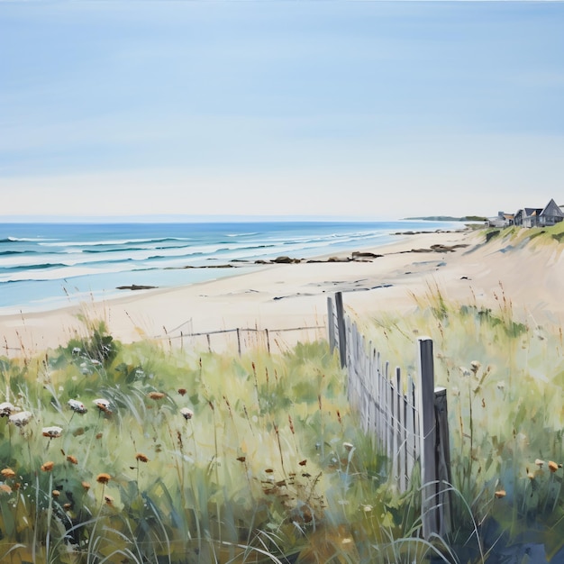 Beach scene with white fence and beach houses in the distance