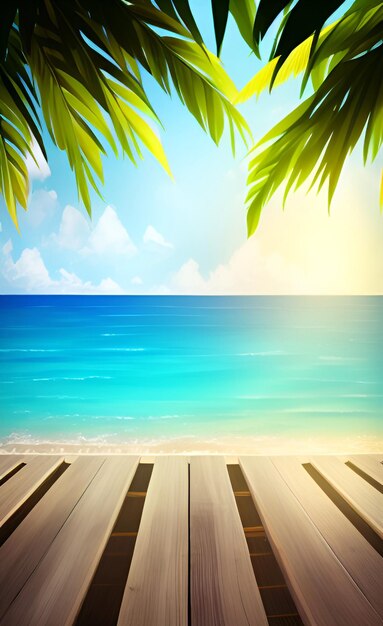 A beach scene with a wooden pier and a tropical beach.