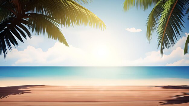 Photo a beach scene with a wooden planks and a palm tree on the beach.