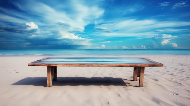 a beach scene with a wooden table and a ship in the background