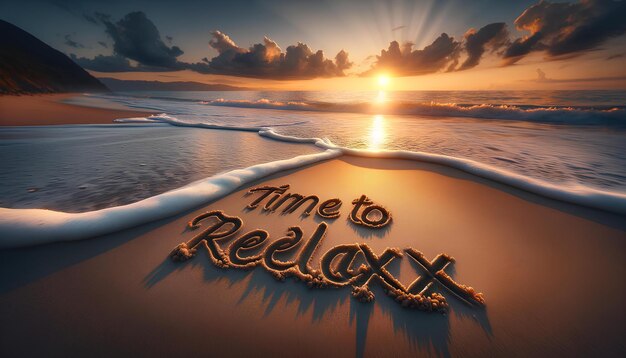 Photo a beach scene with the words quottime to relaxquot written in the sand