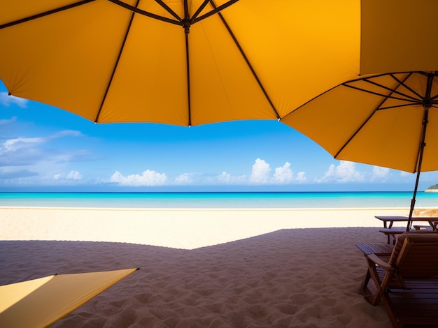 A beach scene with a yellow umbrella and chairs with the beach in the background