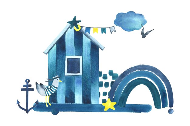 Beach sea cabin with a seagull in a vest a rainbow an anchor a cloud and flags in blue and yellow Watercolor illustration hand drawn in children's style Isolated composition on a white background