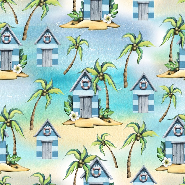 Beach sea houses cute wooden with coconut palms on a sandy island Watercolor illustration in cartoon style Seamless summer beach pattern for fabric textiles wallpaper packaging souvenirs