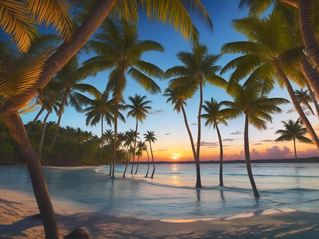 Beach sea palm trees sand beautiful sunset in the evening