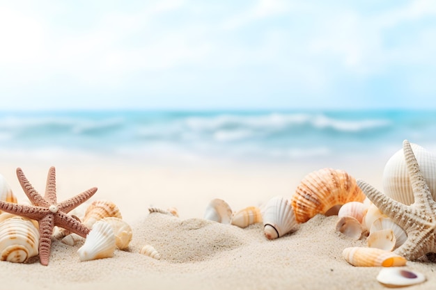 Пляжное море с красивыми ракушками, кораллами и морскими звездами на чистом белом песке, летняя концепция
