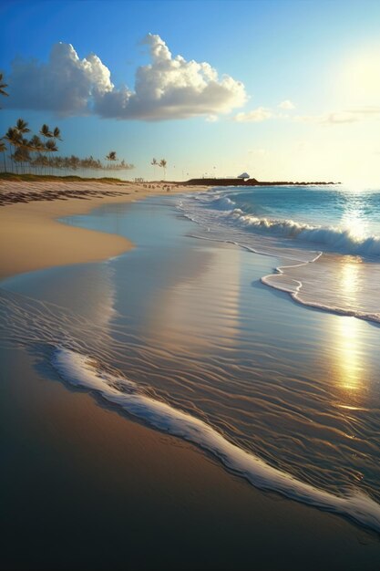 Beach and sea with palm trees and sky with clouds created using generative ai technology