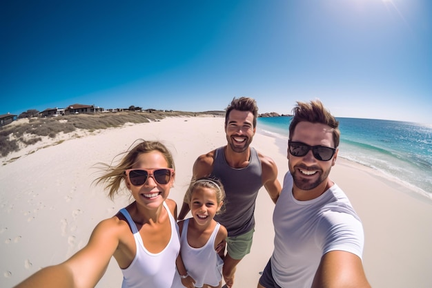 Beach selfie and happy big family on vacation together in summer by the sea