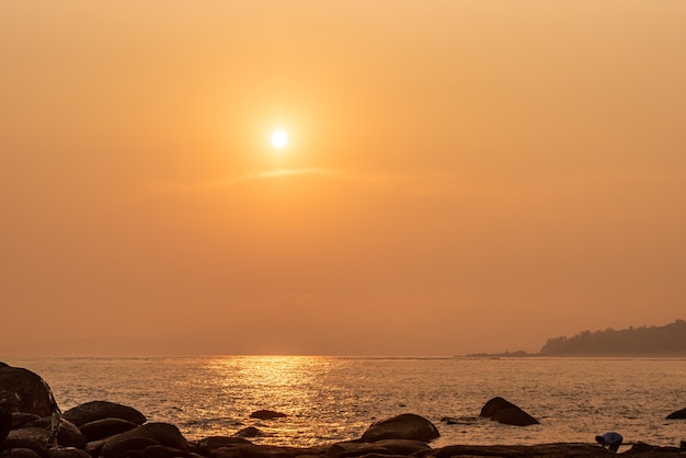 석양 아래 해변은 금빛이고 해변에서 노는 사람들은 실루엣을 남깁니다